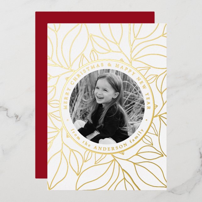 Golden Leaves Photo Foil Holiday Card (Front/Back)