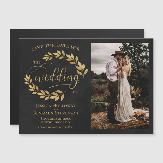 Golden Leaves & Photo on Black Save the Date Magnetic Invitation (Front/Back)