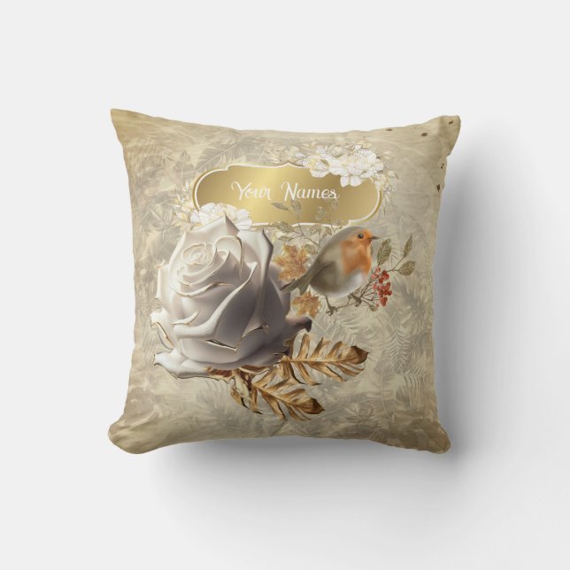 Golden leaves,rose & birds throw pillow (Front)