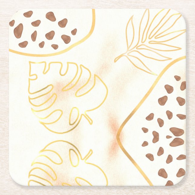 Golden Leaves Square Paper Coaster (Front)