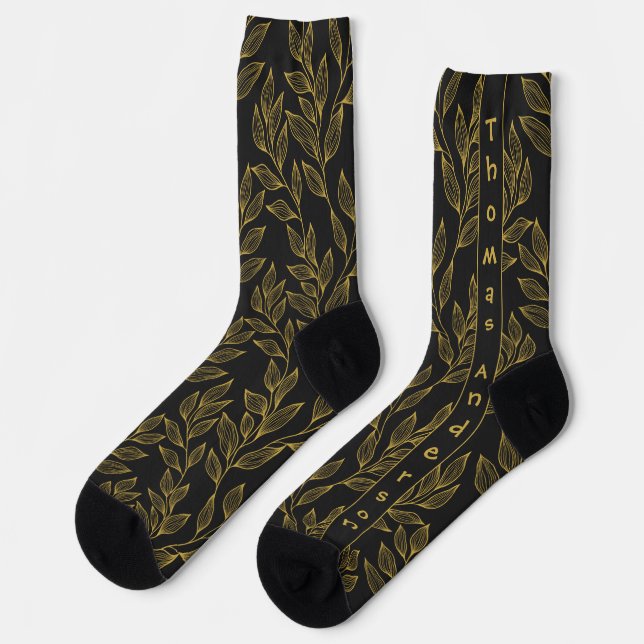 Golden Leaves, Vertical Name on Black Socks (Left)