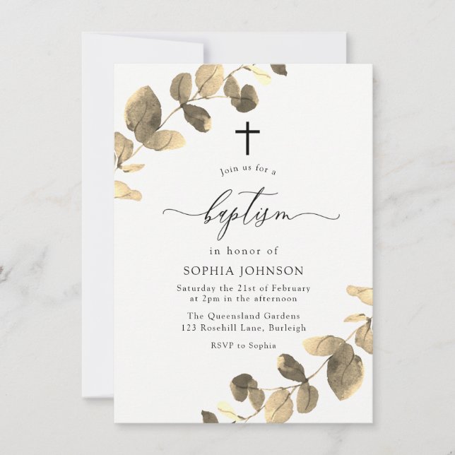 Golden Leaves White Simple Cross Baptism Invitation (Front)
