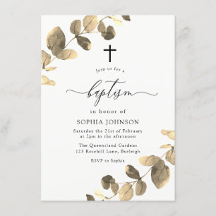 Golden Leaves White Simple Cross Baptism Invitation