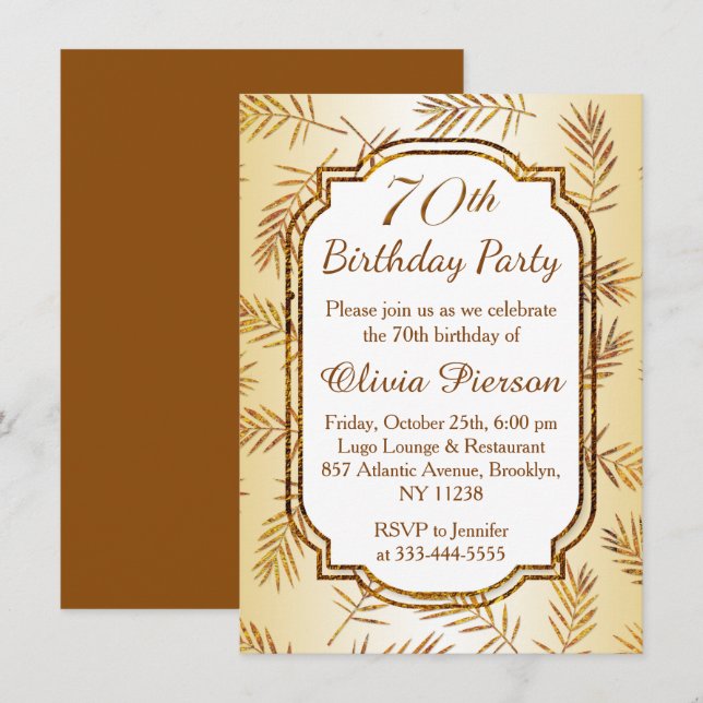 Golden leaves with foil effect 70th Birthday Party Invitation (Front/Back)
