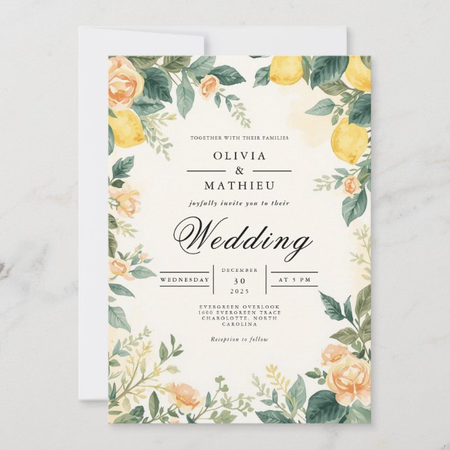 Golden Lemon Blossom Wedding Invitation (Front)
