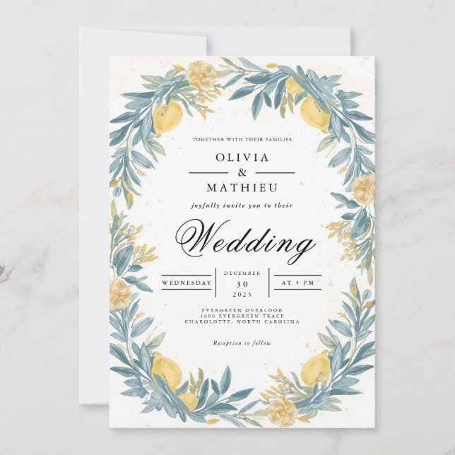 Golden Lemon Botanical Arch Wedding Invitation (Front)
