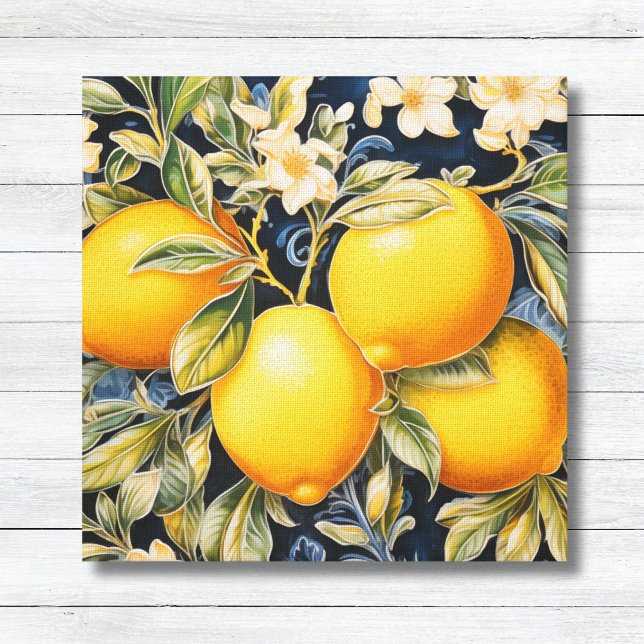 Golden Lemons Baroque Mediterranean Canvas Print (Baroque Vintage Botanical Lemons and Blossoms on Navy Canvas Print Kitchen Wall Art)
