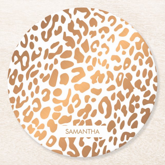 Golden Leopard Print Round Paper Coaster (Front)