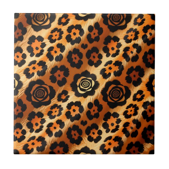 Golden Leopard Rose Animal Print Tile (Front)