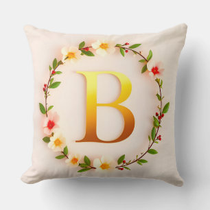Golden Letter B Decorated with Floral Wreath Cushion