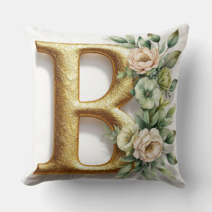 Golden Letter B Surrounded by Floral Arrangements Cushion