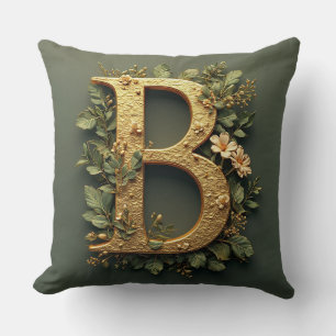 Golden Letter B Surrounded by Floral Arrangements Cushion
