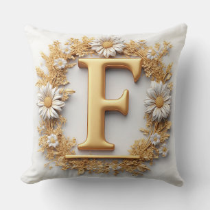 Golden Letter F with Floral Wreath Decoration Cushion