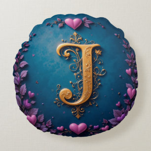 Golden Letter J With Love Inspired Details ✨ Round Cushion
