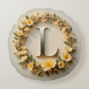 Golden Letter L Floral Wreath Personalised Style  Round Cushion