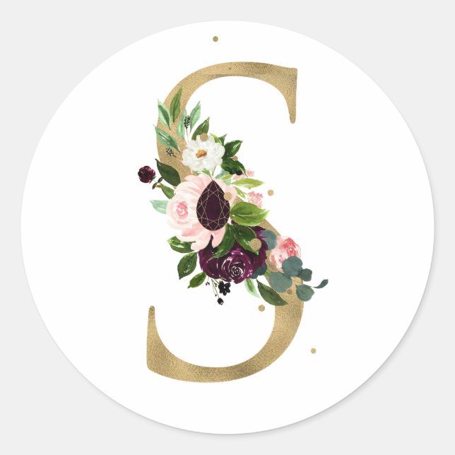 Golden letter MONOGRAMM boho burgundy flowers  Cla Classic Round Sticker (Front)