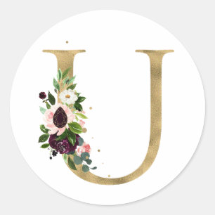 Golden letter MONOGRAMM boho burgundy flowers Cla Classic Round Sticker