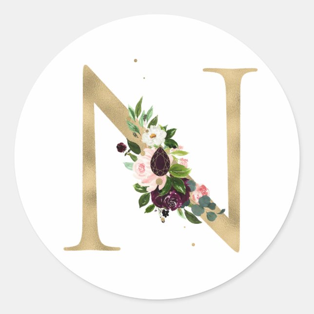 Golden letter MONOGRAMM boho burgundy flowers  Cla Classic Round Sticker (Front)