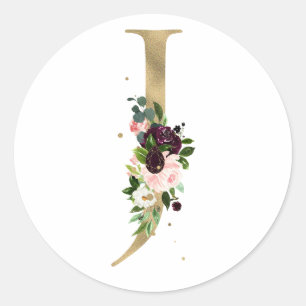 Golden letter MONOGRAMM boho burgundy flowers  Classic Round Sticker