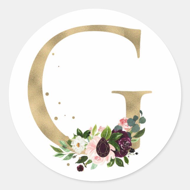 Golden letter MONOGRAMM boho burgundy flowers   Classic Round Sticker (Front)