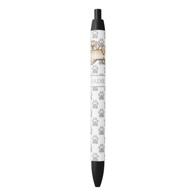 Golden Lhasa Apso Cute Cartoon Dog & Name Black Ink Pen (Front Vertical)