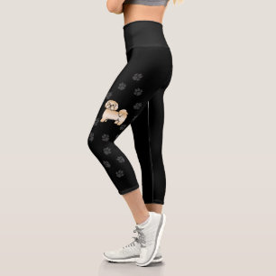 Golden Lhasa Apso Cute Cartoon Dog & Paws Capri Leggings