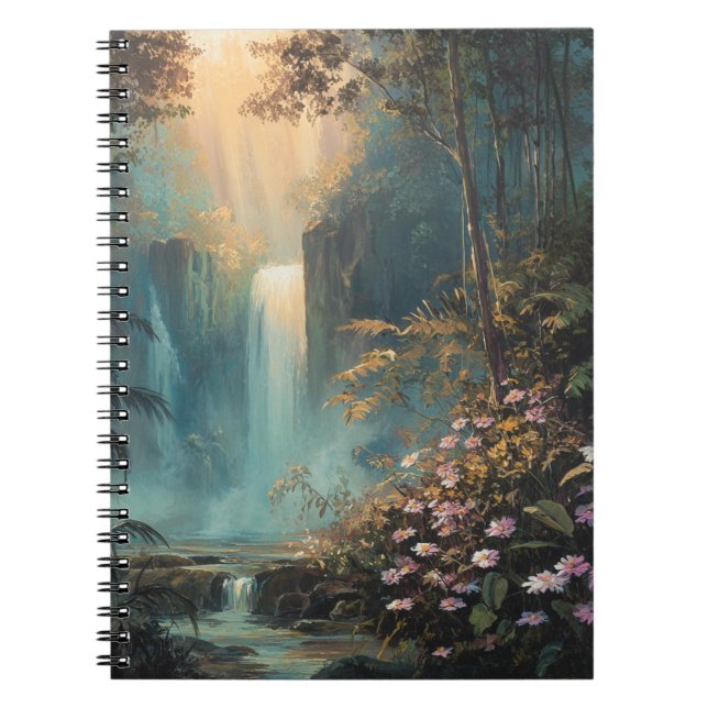 Golden Light Forest Waterfall Floral Art Notebook (Front)