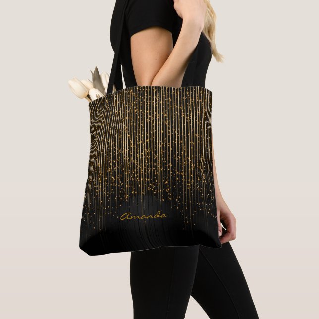 Golden Light Stars and Black Design with DIY Text Tote Bag (Close Up)