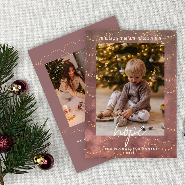 Golden Lights Bokeh Christmas 2 Photo Holiday Card (Creator Uploaded)