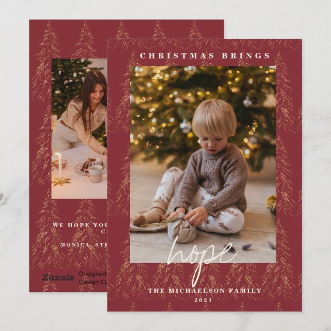 Golden Lights Bokeh Christmas Spicey Red 2 Photo Holiday Card (Front/Back)