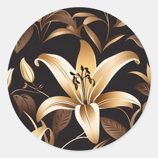 Golden Lily Elegant Floral Classic Round Sticker (Front)