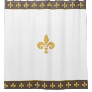 Golden lily flowers on brown and white shower curtain