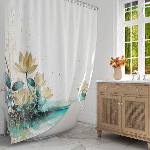 Golden Lily Serenity: Watercolor Teal and Gold  Shower Curtain