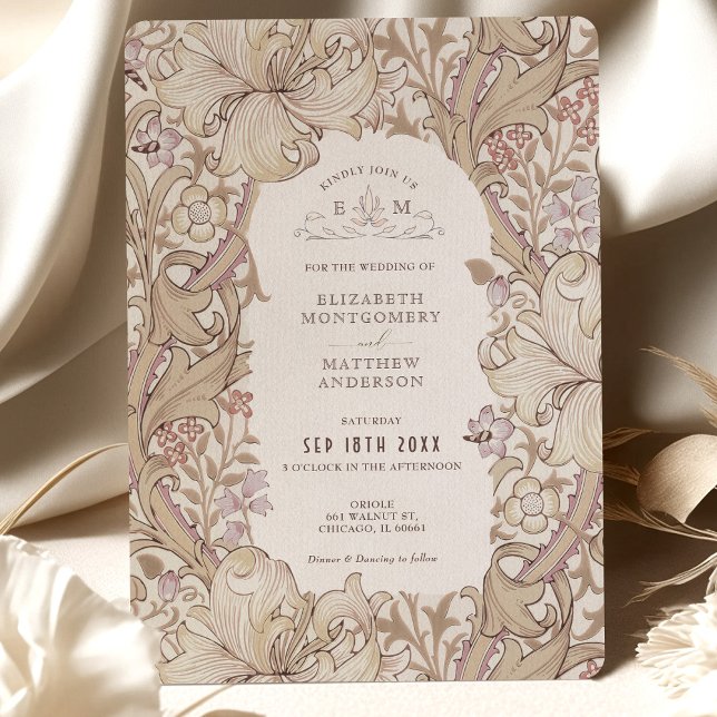 Golden Lily Wedding Suite Pink Cream Morris Invitation (Creator Uploaded)