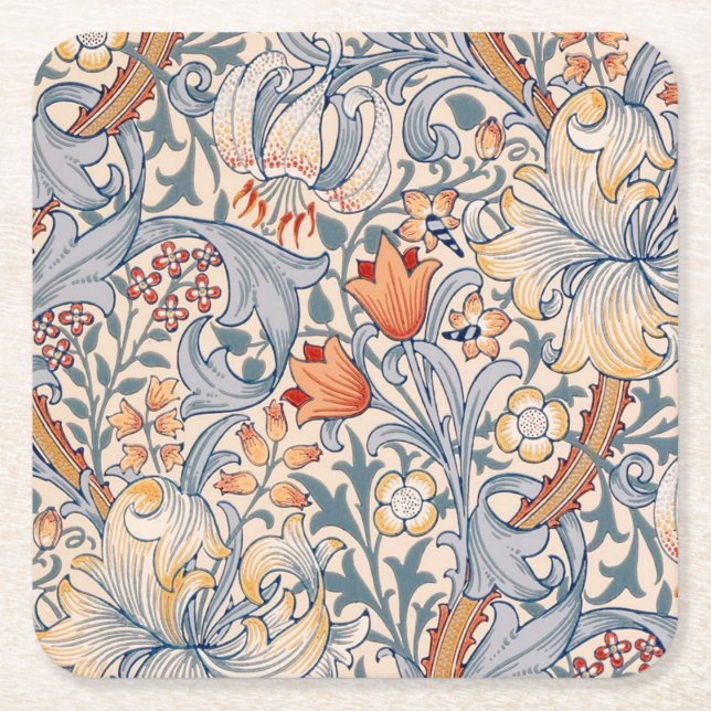 Golden Lily, William Morris Square Paper Coaster (Front)