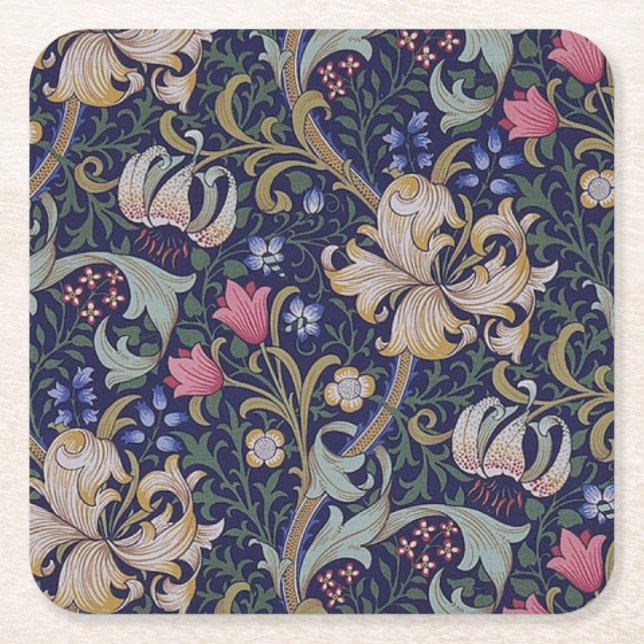 Golden Lily, William Morris Square Paper Coaster (Front)