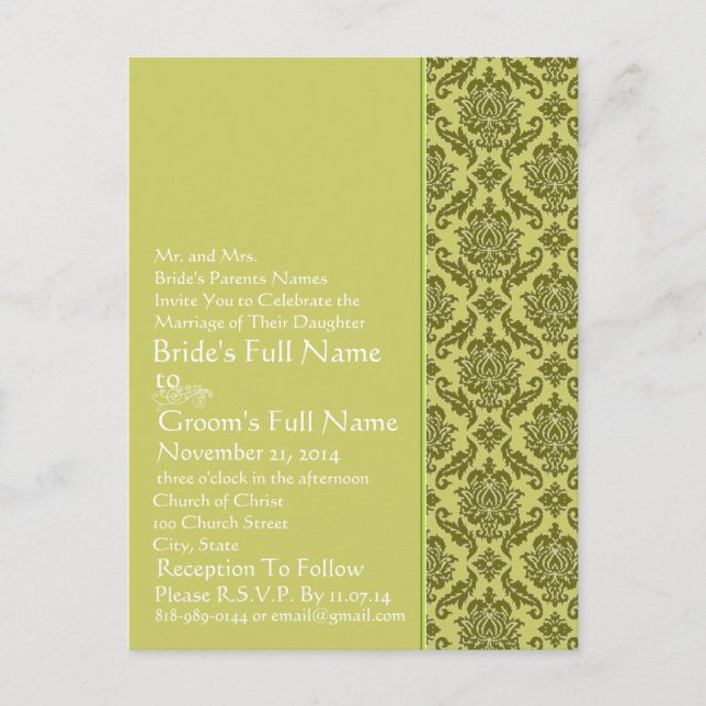 Golden Lime  Damask  Wedding Invitation Postcard (Front)
