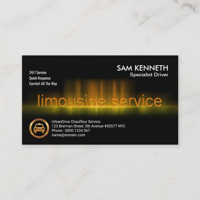 Golden Limousine Sound Wave Chauffeur Services Business Card (Front)