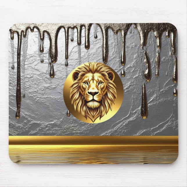 Golden Lion Head With Metal Drip Effect 🦁 Mouse Mat (Front)