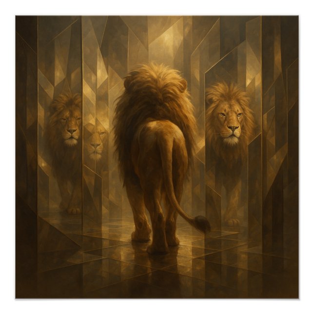 Golden Lion in a Mirror Maze – Majestic GeoWild Ar Poster (Front)