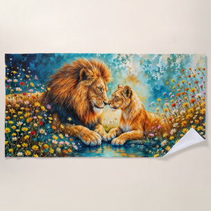 Golden Lion Lioness colourful wildflowers Beach Towel