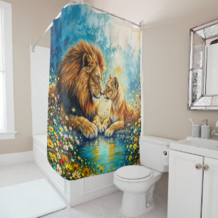 Golden Lion Lioness colourful wildflowers Shower Curtain