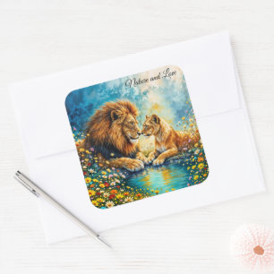 Golden Lion Lioness colourful wildflowers Square Sticker