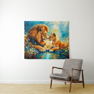 Golden Lion Lioness colourful wildflowers Tapestry