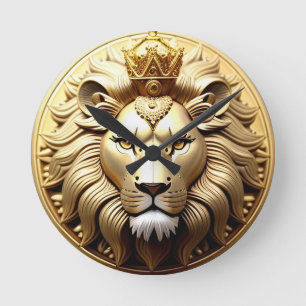 Golden Lion Medallion With Crown Round Clock