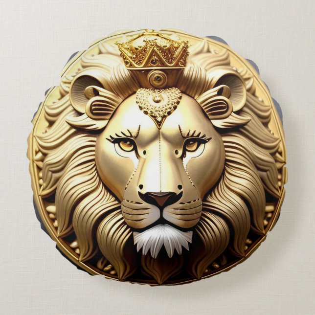 Golden Lion Medallion With Crown Round Cushion (Front)