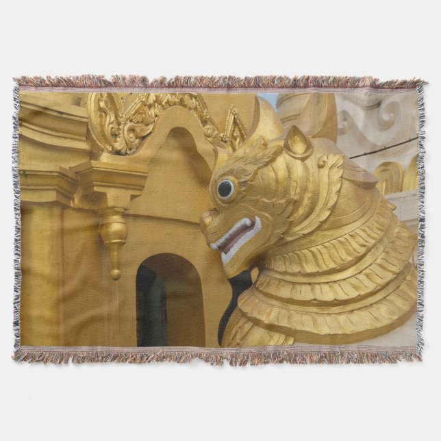 Golden Lion Statue At Temple Throw Blanket (Front)