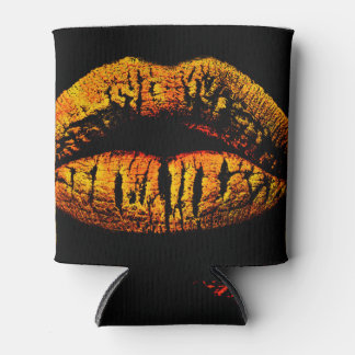 Golden Lips Black Background Sensual Can Cooler