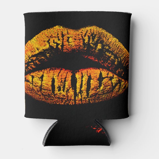 Golden Lips Black Background Sensual Can Cooler (Front)