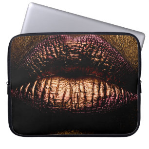 Golden lips closeup. Gold metal lip. Beautiful mak Laptop Sleeve